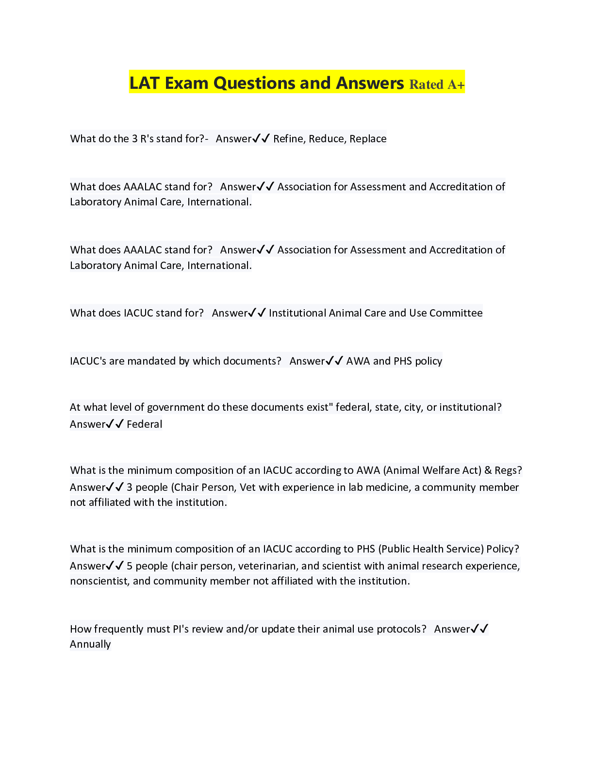 Preview image for LAT Exam Questions and Answers Rated A+